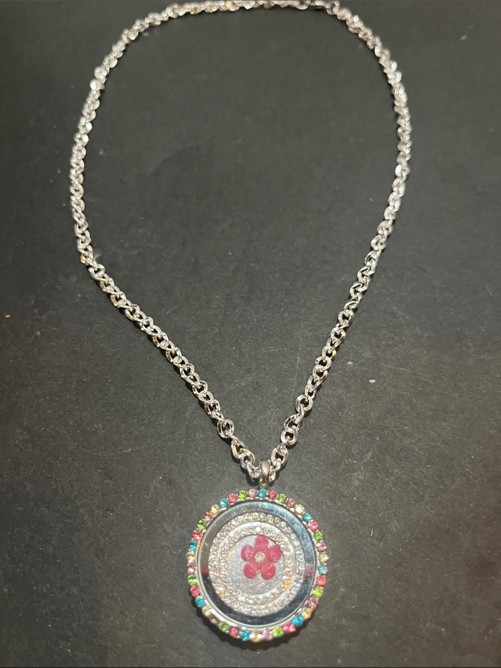 Multi-Color Crystal Flower Pendant Necklace - Silver Chain